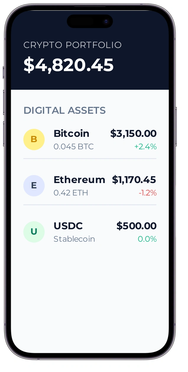 Illustrative JUUSE crypto screen in an iPhone-style frame, showing sample digital-asset holdings