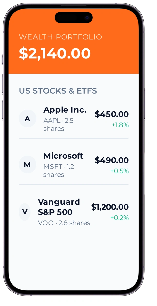 Illustrative JUUSE investment screen in an iPhone-style frame, showing sample stock and fund holdings